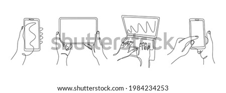 Continuous line hands with gadgets. One line female hands using phones laptop and tablet. Vector monoline set Royalty-Free Stock Photo #1984234253