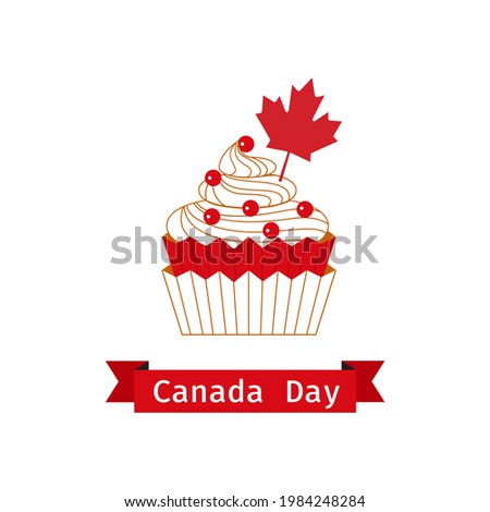 Canada Day Cupcake with red maple leaf flat color vector. Canadian national holiday celebration background. Maple leaf, sweet dessert food cupcake minimal style design element in Canada flag colors