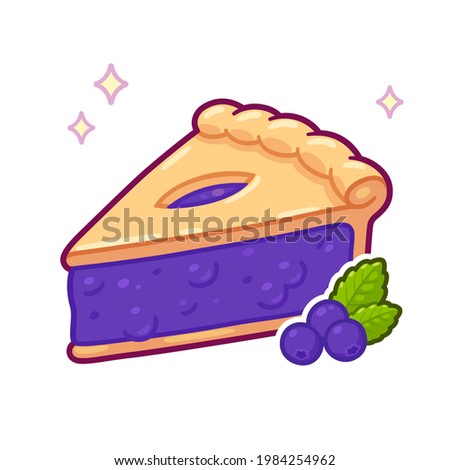 Cute cartoon blueberry pie drawing. Simple hand drawn pie slice with berries. Isolated vector clip art illustration.