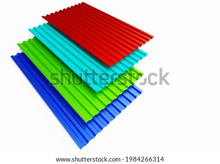 Roof panels. Polymer coated profiled metal sheet. Roof panels in different colors. Roof panels on a white background. Several sheets of corrugated board nearby. Concept - sale of profiled metal sheet Royalty-Free Stock Photo #1984266314