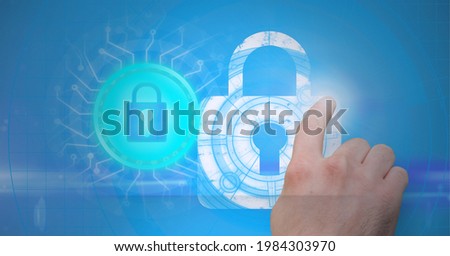 Composition of man touching online security icon over computer circuit board. global online security, connection, technology and digital interface concept digitally generated image.