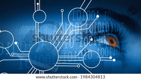 Composition of binary coding and network of connections, circuit board over woman's eye. global online security, connection, technology and digital interface concept digitally generated image.