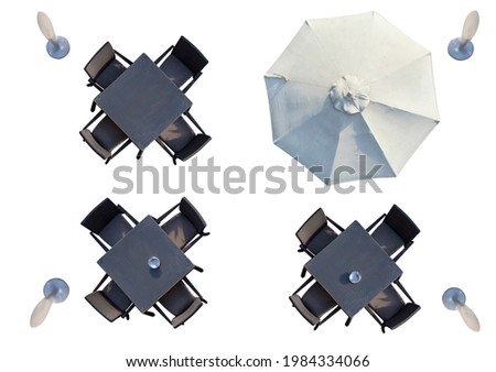 outdoor terrace with umbrella and chairs. isolated on white background