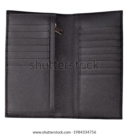 A vertical shot of a black leather wallet on an isolated background