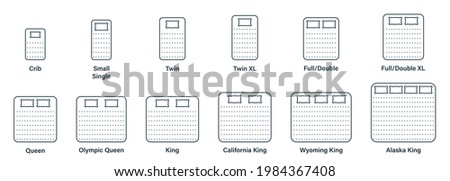 Mattress Sizes and Bed Dimensions. Different Mattress Line Icons. Dimension Measurements for Crib, Small Single, Twin, Full or Double, Queen and King Size Bed. Editable stroke. Vector illustration.