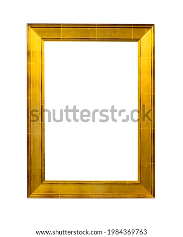 old wide flat golden picture frame with cut out canvas isolated on white background