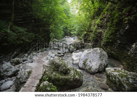 An arranged footpath leading trough a gorge to the famous Kozjak waterfall near Kobarid, Slovenia, complemented by small wooden bridges. Royalty-Free Stock Photo #1984378577