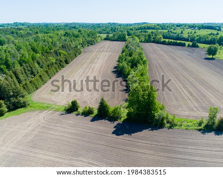 Aerial photos of crop fields in spring after planting