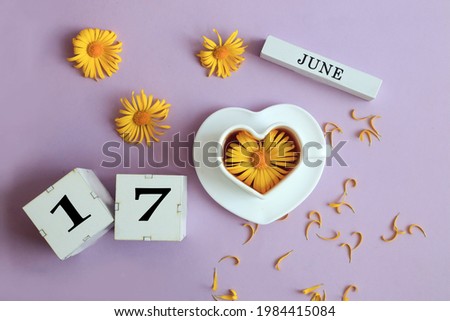 Calendar for June 17: the name of the month of June in English, cubes with the number 17, a cup of tea with a chamomile in it, yellow chamomile flowers with petals on a pastel background, top view