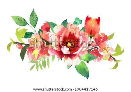 Watercolor hand painted flower arrangement illustration isolated on a white background. Flower bouquet design. Peony composition design.