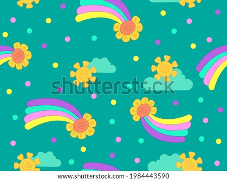 Seamless vector pattern with rainbow, sun and clouds on children's print pattern. Cartoon rainbow and sun.