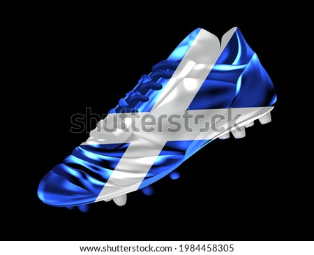 Soccer football boot with the flag of  Scotland printed on it, isolated on dark background, vector illustration