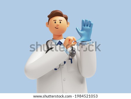 3d render. Doctor cartoon character with stethoscope wears blue latex glove. Clip art isolated on blue background. Professional medical concept