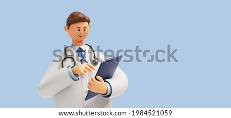 3d render. Doctor cartoon character holds clipboard. Clip art isolated on blue background. Professional consultation. Medical concept