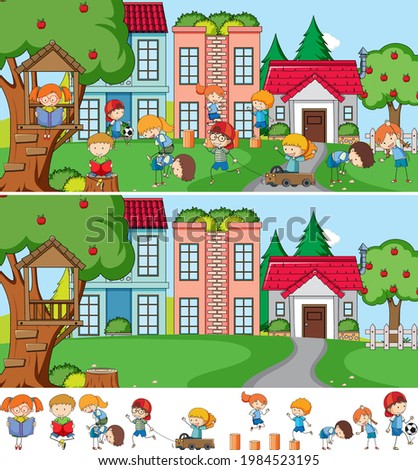 Park scene set with many kids doodle cartoon character isolated illustration