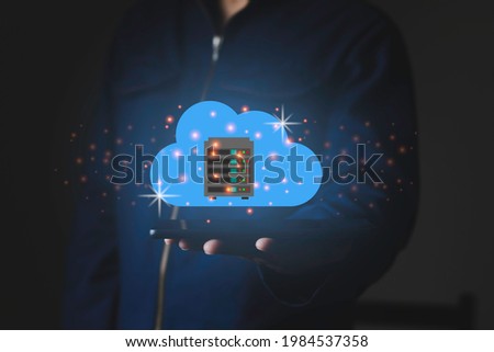 A man holding the tablet smart device on the left hand site, Cloud computing service icon, flat design, computer graphic light, technology and service concept
