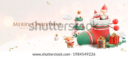 3d Christmas banner with snowman and Santa Claus in a stocking with Xmas festive ornaments on a snowy white background Royalty-Free Stock Photo #1984549226