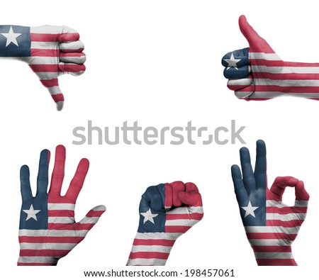 A set of hands with different gestures wrapped in the flag of Liberia