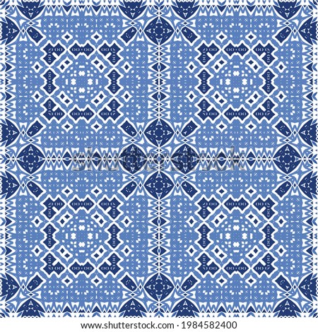 Antique portuguese azulejo ceramic. Hand drawn design. Vector seamless pattern frame. Blue floral and abstract decor for scrapbooking, smartphone cases, T-shirts, bags or linens.