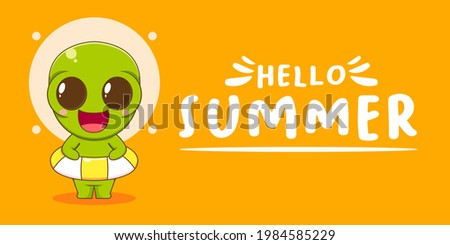 Cartoon illustration of cute alien with swim ring. Summer greeting banner