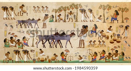 Ancient Egypt frescoes. Agriculture, fishery, farm. Life of egyptians. History art. Old tradition, religion and culture. Hieroglyphic carvings on exterior walls of an old temple  Royalty-Free Stock Photo #1984590359