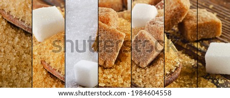 Collage of browm and white sugar. 
