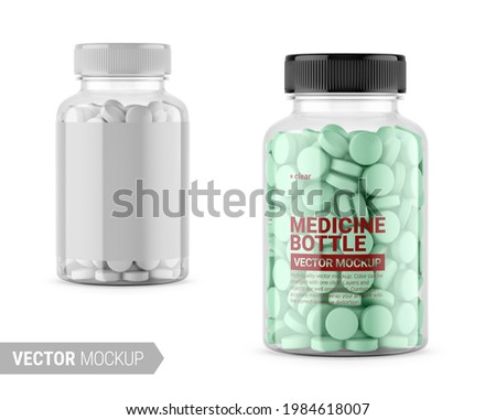 Clear glass medicine bottle with tablets, transparent on background. Contains accurate mesh to wrap your design with envelope distortion. Photo-realistic packaging vector mockup template with sample. Royalty-Free Stock Photo #1984618007