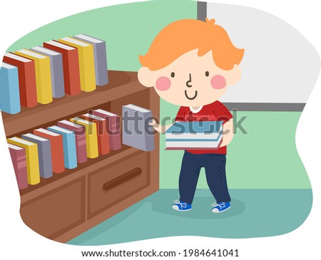 Illustration of a Kid Boy Putting Books Back on Shelves as Library Assistant, Classroom Helper