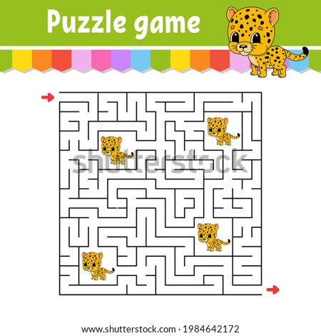 Square maze. Game for kids. Spotted jaguar. Puzzle for children. Labyrinth conundrum. Color vector illustration. Find the right path. Isolated vector illustration. Cartoon character.