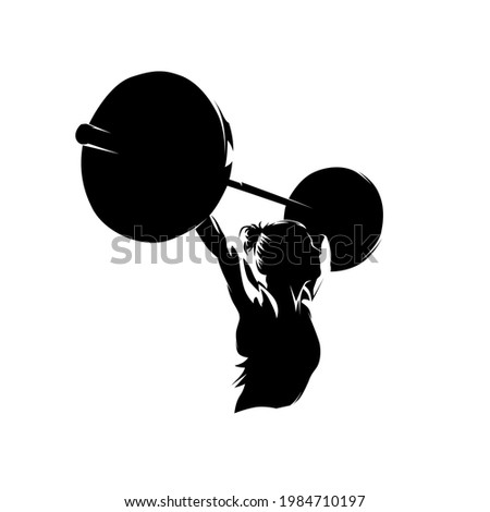 Weightlifting, woman lifting big barbell, bodybuilding. Isolated vector silhouette, ink drawing female bodybuilder logo Royalty-Free Stock Photo #1984710197