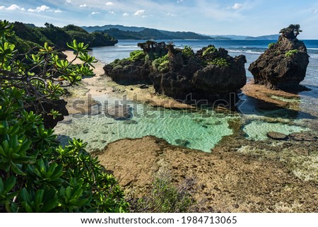 Stunning top view of a natural emerald green sea pool formed by low tide corals, coastal rocks, green vegetation, light blue sky. Iriomote Island. Royalty-Free Stock Photo #1984713065