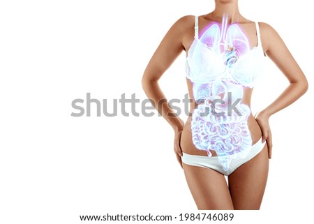 A hologram of human internal organs and the body of a beautiful young girl. Internal organs scan, abdominal ultrasound, complete medical examination, MRI Royalty-Free Stock Photo #1984746089