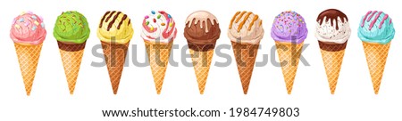 Colorful ice cream set.Tasty summer  frozen dessert.Gelato in various flavors.Ice-cream scoop and waffle cone with different toppings.Vector illustration of seasonal healthy food for takeout,café Royalty-Free Stock Photo #1984749803
