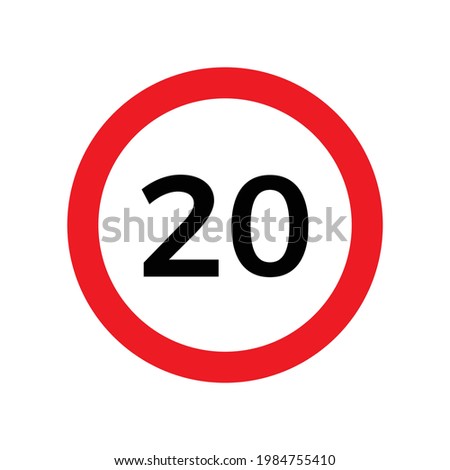 Speed limit 20 kmh sign of road traffic maximum speed vector icon. Flat design illustration of round red road limit sign with 20 isolated on white background