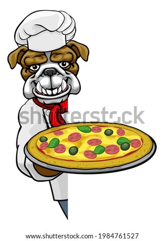 A bulldog chef mascot cartoon character holding a pizza peeking round a sign