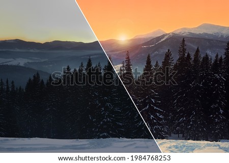 Photo before and after retouch, collage. Beautiful mountain landscape with forest on snowy hill in winter