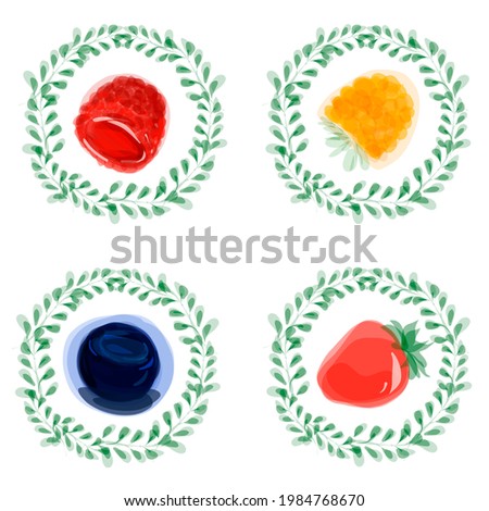 Berry icon set. Labels with berries.
Four stickers with different combinations of fruits and berries.
Detailed organic food template for menu, jam label, tea banner