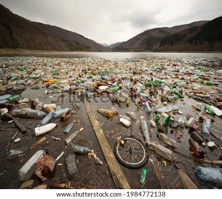 Environmental disaster in Transcarpathia, Ukraine. Residents of mountain villages throw plastic waste directly into the rivers, which bring it to the reservoir and dump it on its banks. Low ecology. Royalty-Free Stock Photo #1984772138
