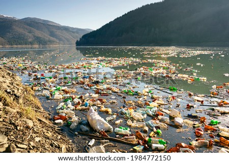 Environmental disaster in Transcarpathia, Ukraine. Residents of mountain villages throw plastic waste directly into the rivers, which bring it to the reservoir and dump it on its banks. Low ecology. Royalty-Free Stock Photo #1984772150