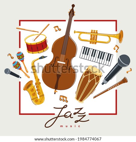 Jazz music band poster different instruments vector flat illustration, live sound festival or concert advertising flyer or banner, play different instruments orchestra.