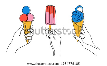 Continuous line ice cream. One line female hands holding cold summer sweet desserts. Vector modern colored one line set