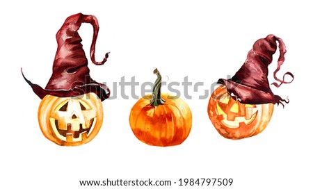Watercolor hand painted jack o lanterns in witches hats clipart set isolated on a white background.Halloween design.Thanksgiving illustration.Autumn party clip art set.