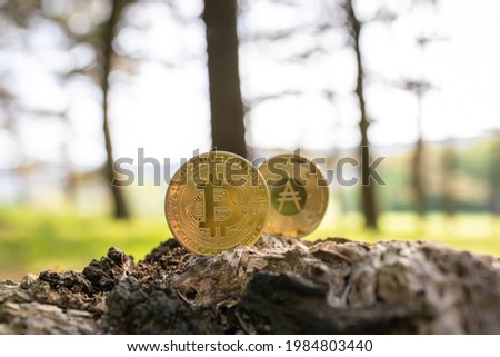 Close-up of Bitcoin and Cardano on a tree stump outdoor with green natural blurred forest background with copy space. Gold BTC and ADA cryptocurrency coins, ecological impact, energy consumption