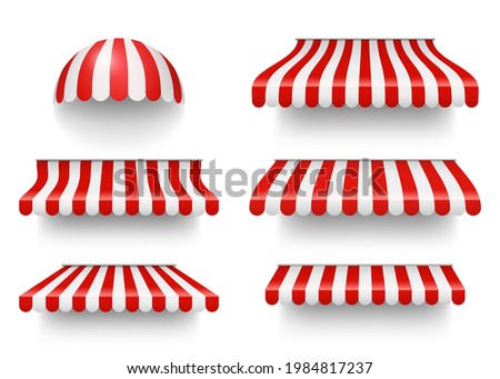 Realistic set of striped red and white awnings. Tents or textile roofs. Realistic vector illustration isolated on white.