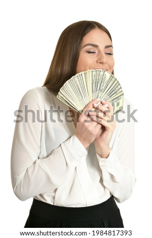 Beautiful woman in white blouse with money on white background