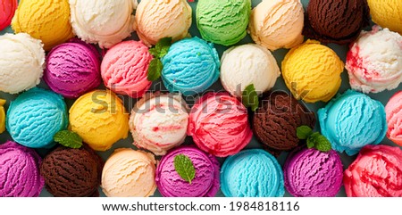 Assorted of scoops ice cream. Colorful set of ice cream of different flavours. Top view of ice cream isolated with mint, sauce Royalty-Free Stock Photo #1984818116