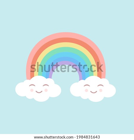 Rainbow with cute clouds on an isolated blue background. Vector illustration for fabrics, textures, wallpapers, posters, stickers, postcards. Childish fun print.