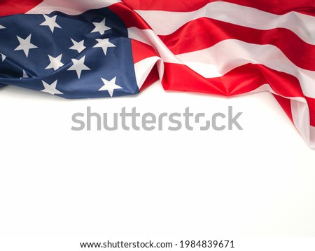 Part of the American flag isolated on a white background. Top view. Flat lay. Space for text.