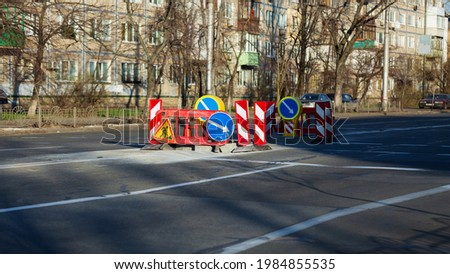 Close-up of road signs in road repair work concept