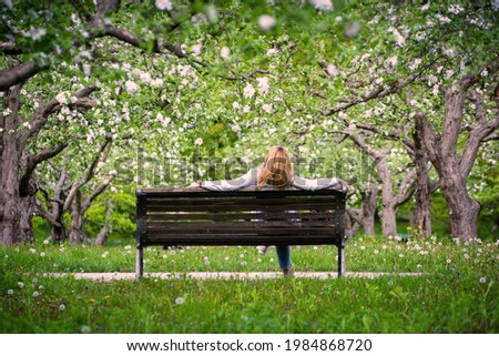 A girl sits on a bench in a blooming apple orchard. Back view